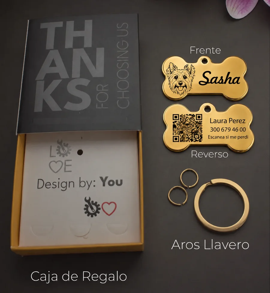 Contenido: placa personalizada para mascota, aros y caja de regalo