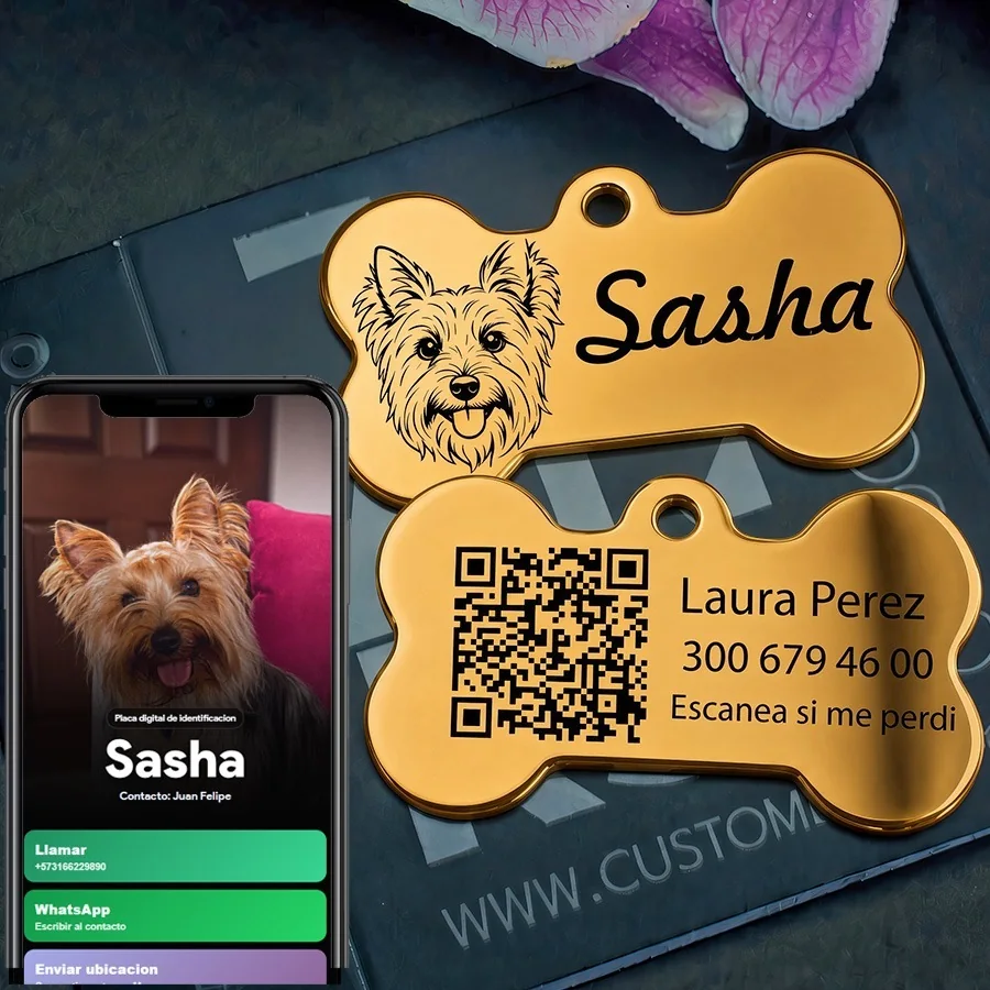 Placa para mascota en forma de hueso con retrato, nombre, contacto y código QR